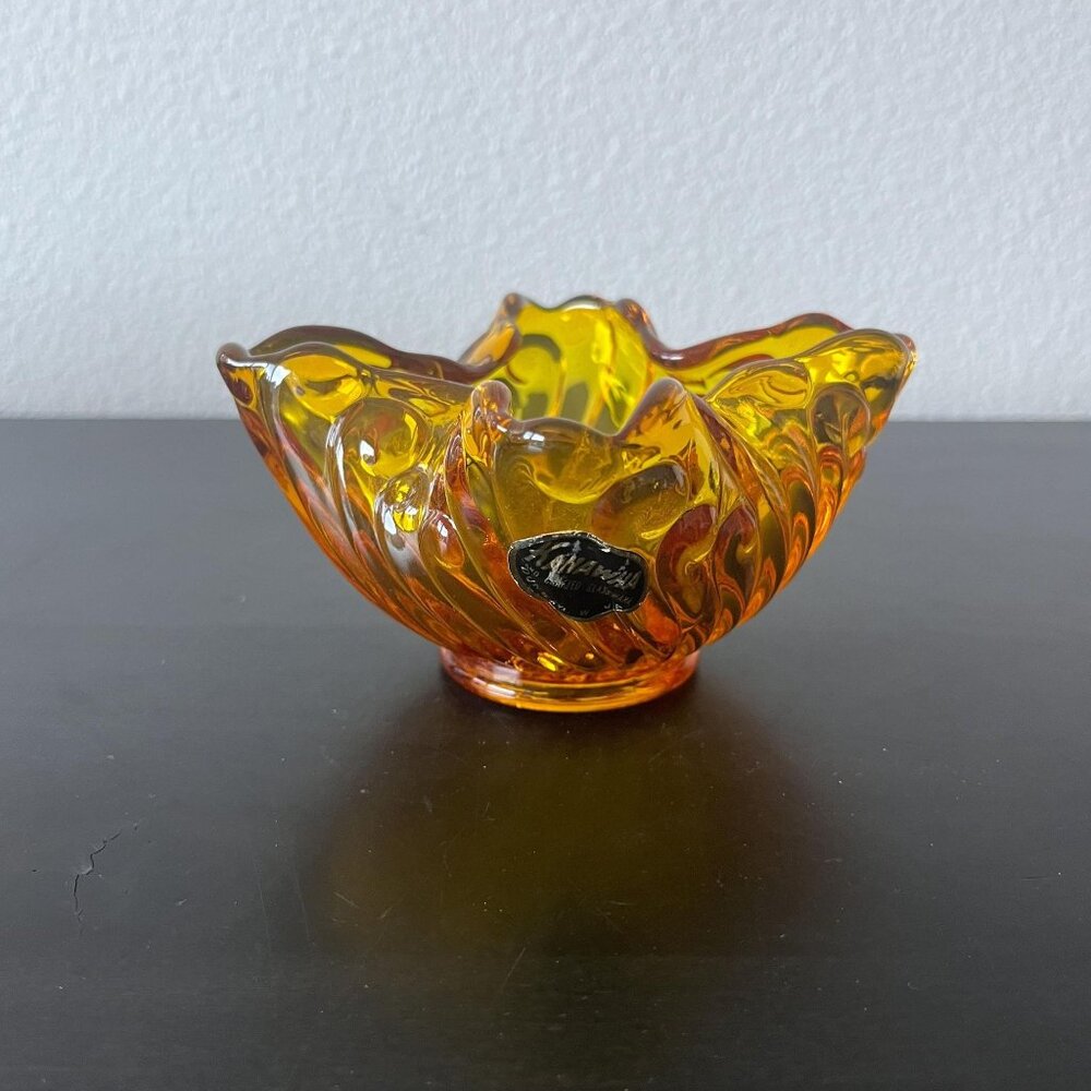 Vintage Kanawha Amber Glass Bowl // 5" Diameter // Wave Design Pressed Glass